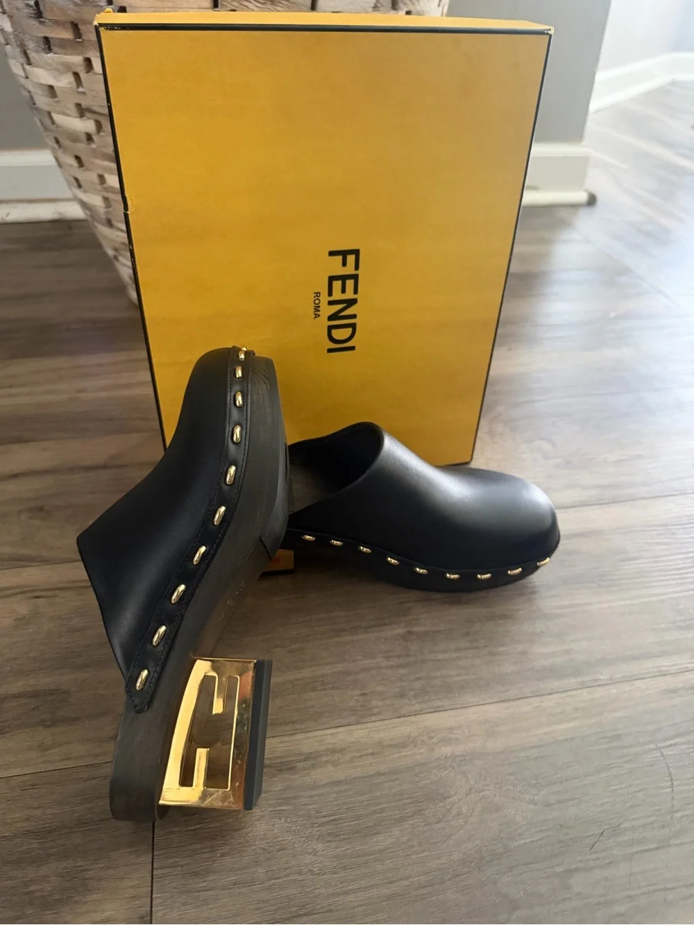 Fendi Black Leather Studded Clog Mule with Gold Heel Accent
